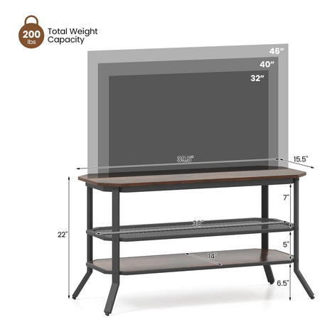 Mueble de TV/Mesa consola de 3 niveles con estante de malla de almacenamiento-Marrón rústico