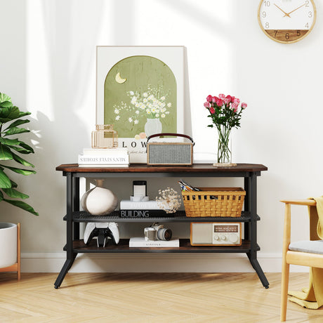 Mueble de TV/Mesa consola de 3 niveles con estante de malla de almacenamiento-Marrón rústico