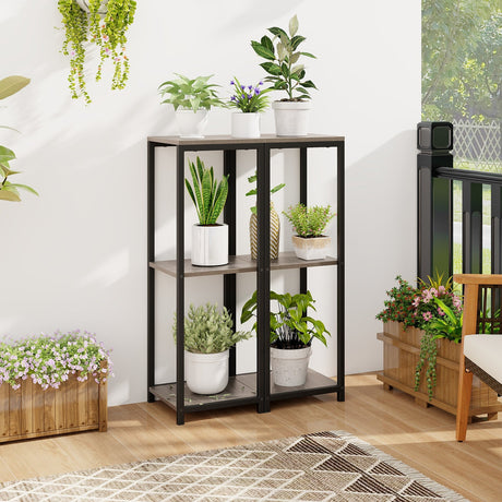 Soporte para plantas de metal alto de 3 niveles, estante esquinero con dispositivo antivuelco, color negro y gris