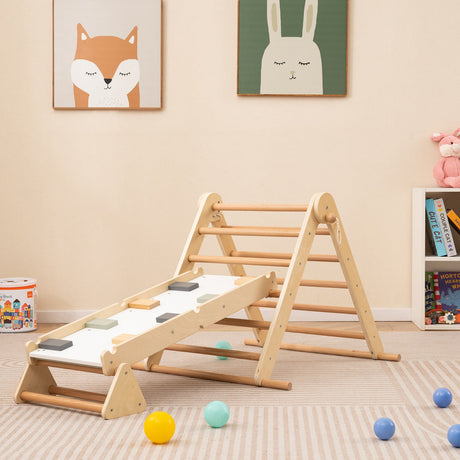 Set de escalada 3 en 1 Pikler Triangle, juguetes Montessori plegables para niños con rampa-Natural