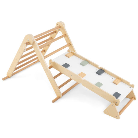 Set de escalada 3 en 1 Pikler Triangle, juguetes Montessori plegables para niños con rampa-Natural