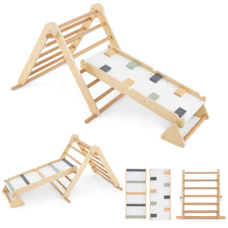 Set de escalada 3 en 1 Pikler Triangle, juguetes Montessori plegables para niños con rampa-Natural