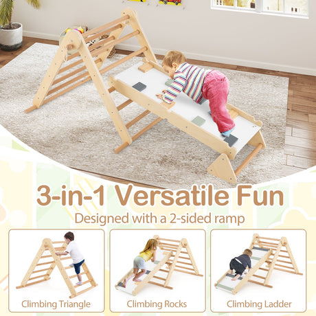 Set de escalada 3 en 1 Pikler Triangle, juguetes Montessori plegables para niños con rampa-Natural