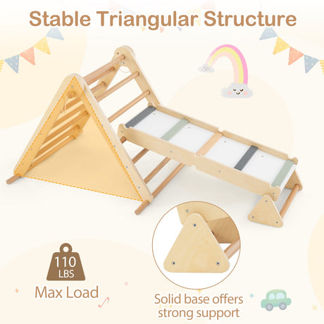 Set de escalada 3 en 1 Pikler Triangle, juguetes Montessori plegables para niños con rampa-Natural