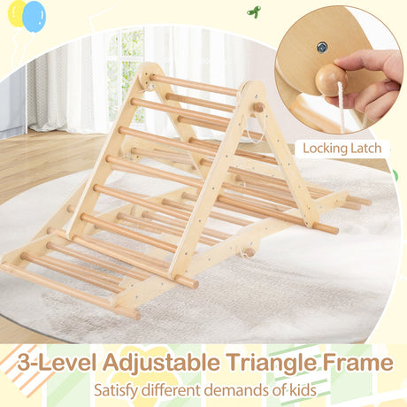 Set de escalada 3 en 1 Pikler Triangle, juguetes Montessori plegables para niños con rampa-Natural