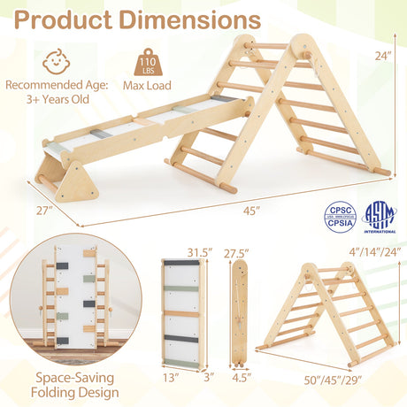 Set de escalada 3 en 1 Pikler Triangle, juguetes Montessori plegables para niños con rampa-Natural