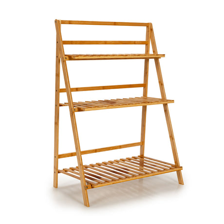 Estantería plegable de bambú de 3 niveles para plantas con estante de exhibición - Natural