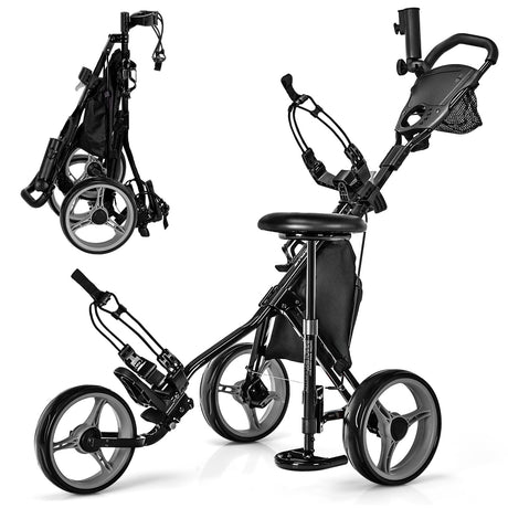 Carro de golf plegable de 3 ruedas con asiento, marcador y manija ajustable