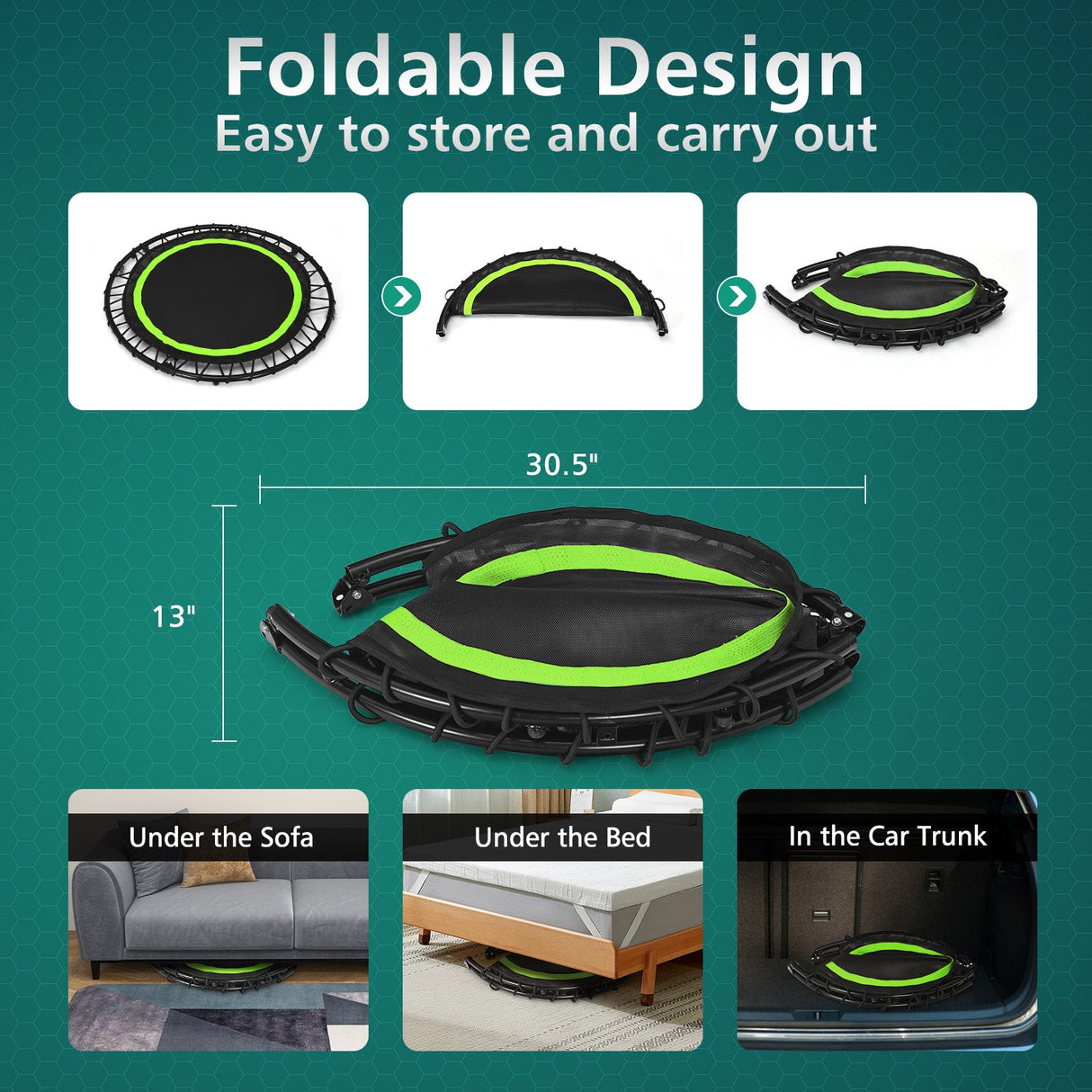 Trampolín de fitness plegable de 40 pulgadas con bandas de resistencia para el hogar ajustable