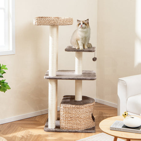 Torre para gatos de 4 niveles con postes rascadores, condominio y cojines lavables - Café