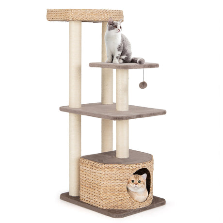 Torre para gatos de 4 niveles con postes rascadores, condominio y cojines lavables - Café