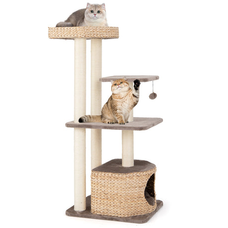 Torre para gatos de 4 niveles con postes rascadores, condominio y cojines lavables - Café