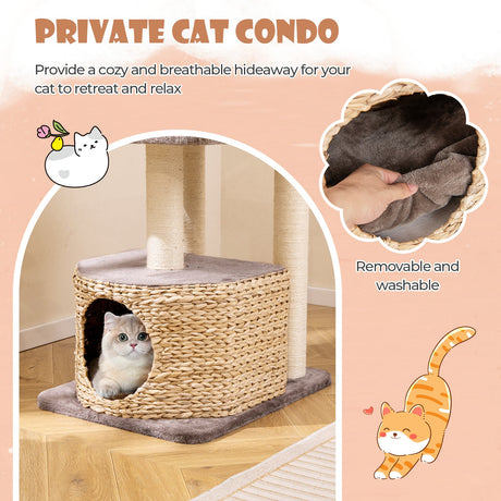 Torre para gatos de 4 niveles con postes rascadores, condominio y cojines lavables - Café