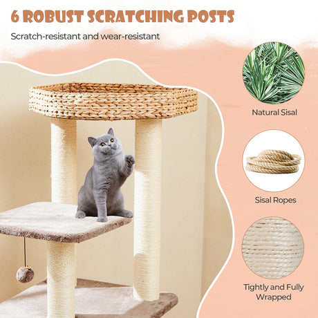 Torre para gatos de 4 niveles con postes rascadores, condominio y cojines lavables - Café