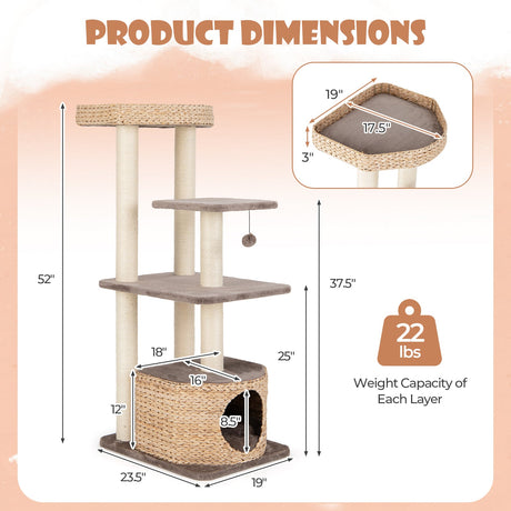 Torre para gatos de 4 niveles con postes rascadores, condominio y cojines lavables - Café