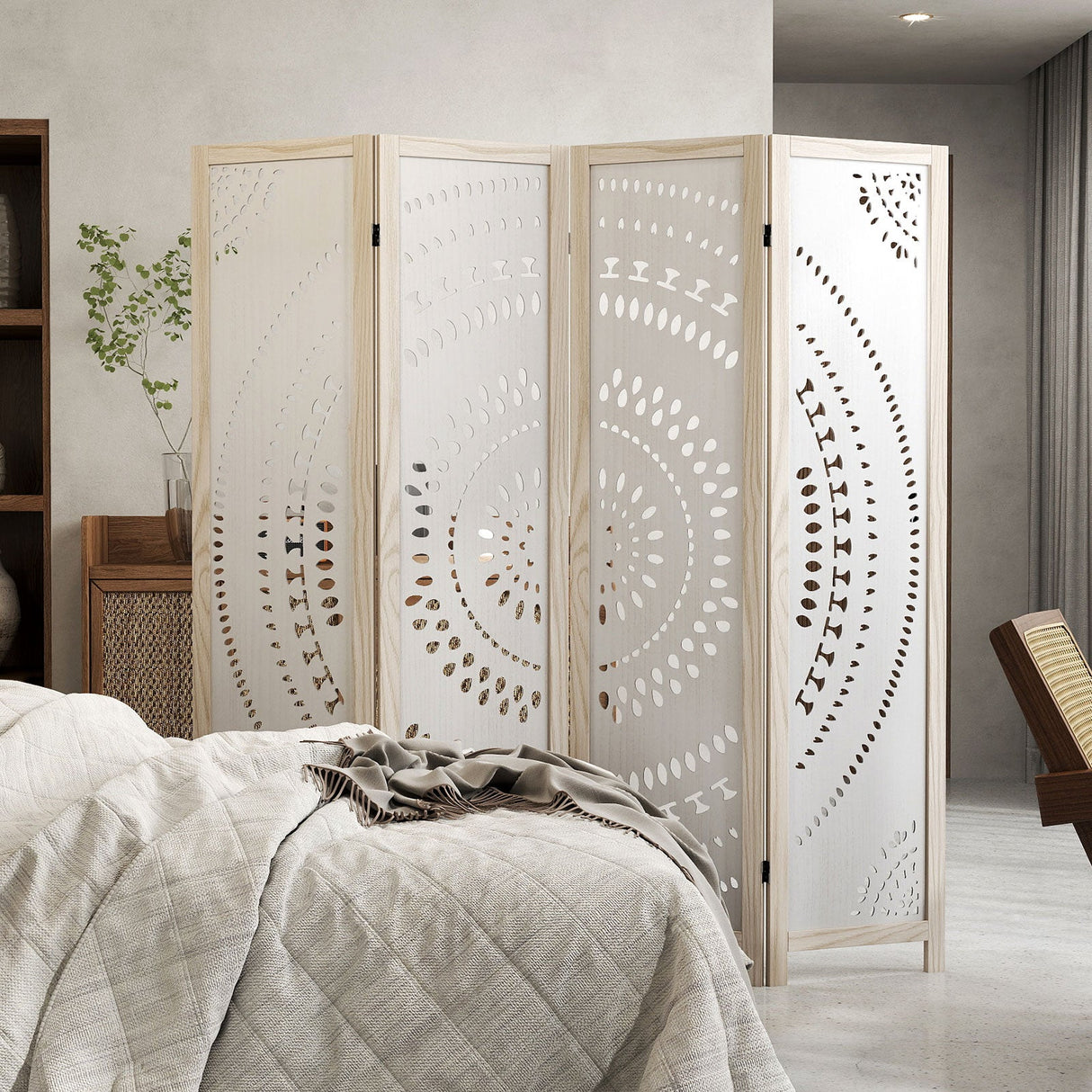 Divisor de habitación de 4 paneles estilo boho de 66 pulgadas con patrón tallado para privacidad