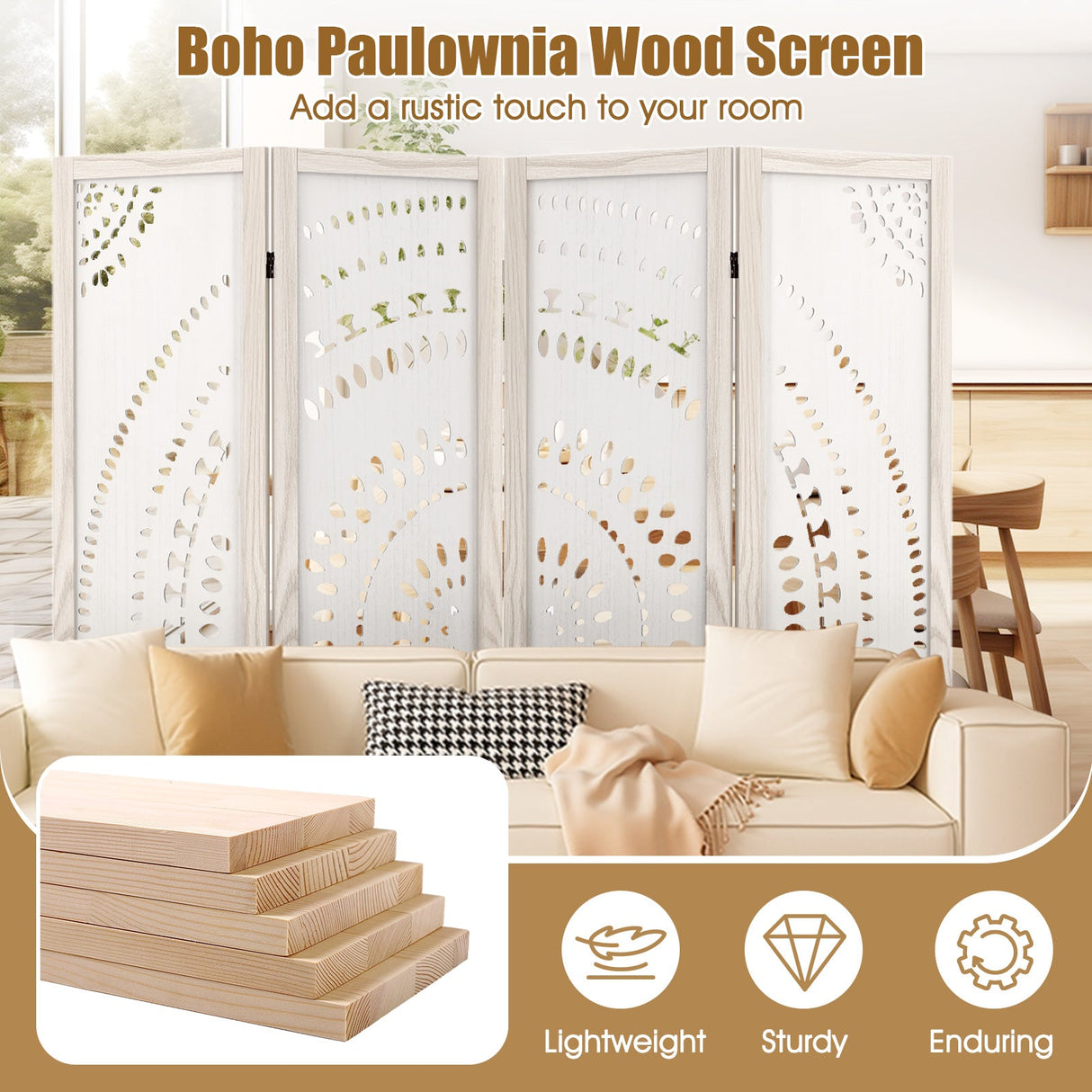 Divisor de habitación de 4 paneles estilo boho de 66 pulgadas con patrón tallado para privacidad
