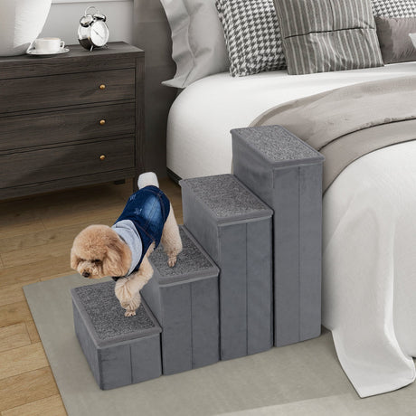 4-Step Dog Stairs Non-slip Foldable Dog Ramp with Adjustable Steps-Grey