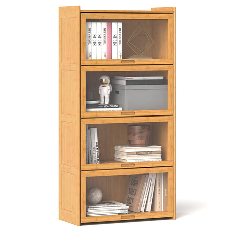 4-Tier Bamboo Bookcase with Doors for Study Room Living Room
