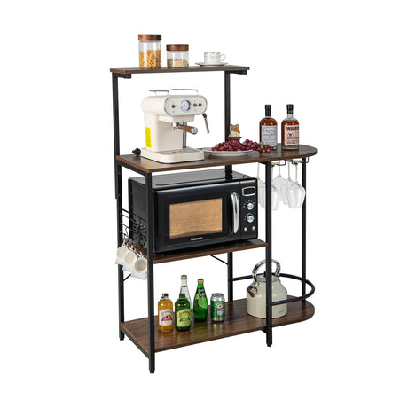 Estantería de cocina de 4 niveles con 6 ganchos en S y botellero-Marrón rústico