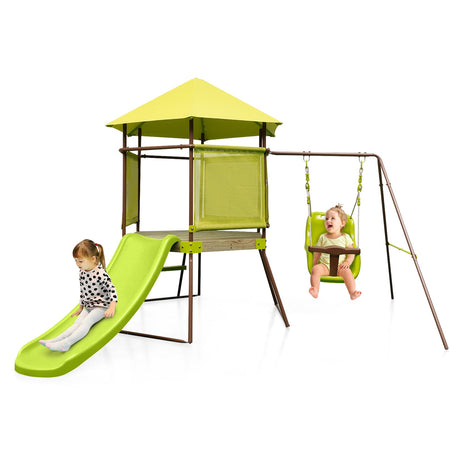 Columpio 4 en 1 con fuerte de casa de juegos cubierta y asiento de bebé ajustable en altura - Verde