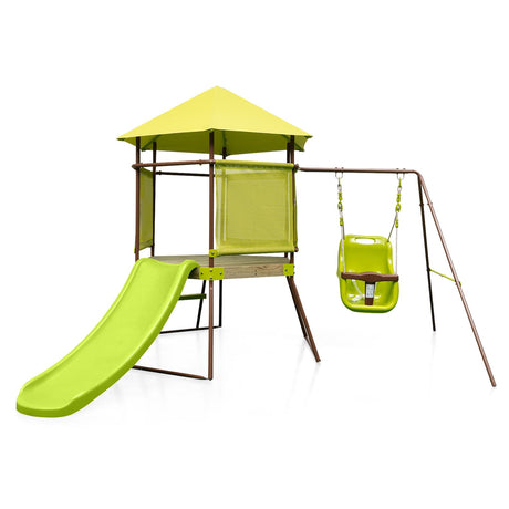 Columpio 4 en 1 con fuerte de casa de juegos cubierta y asiento de bebé ajustable en altura - Verde