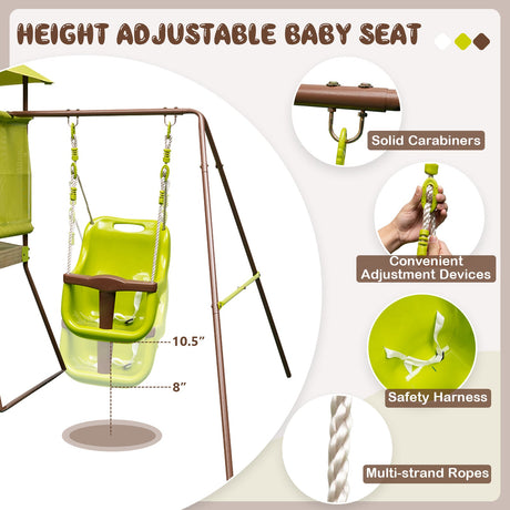 Columpio 4 en 1 con fuerte de casa de juegos cubierta y asiento de bebé ajustable en altura - Verde