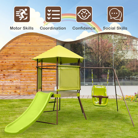 Columpio 4 en 1 con fuerte de casa de juegos cubierta y asiento de bebé ajustable en altura - Verde