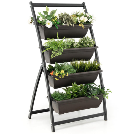 Jardinera vertical elevada de 4 niveles con 4 contenedores y orificios de drenaje