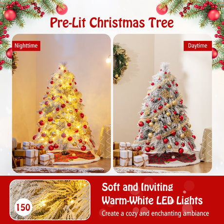 4.5/6/7 Feet Pre-Lit Snow Flocked Christmas Tree with Warm White LED Lights