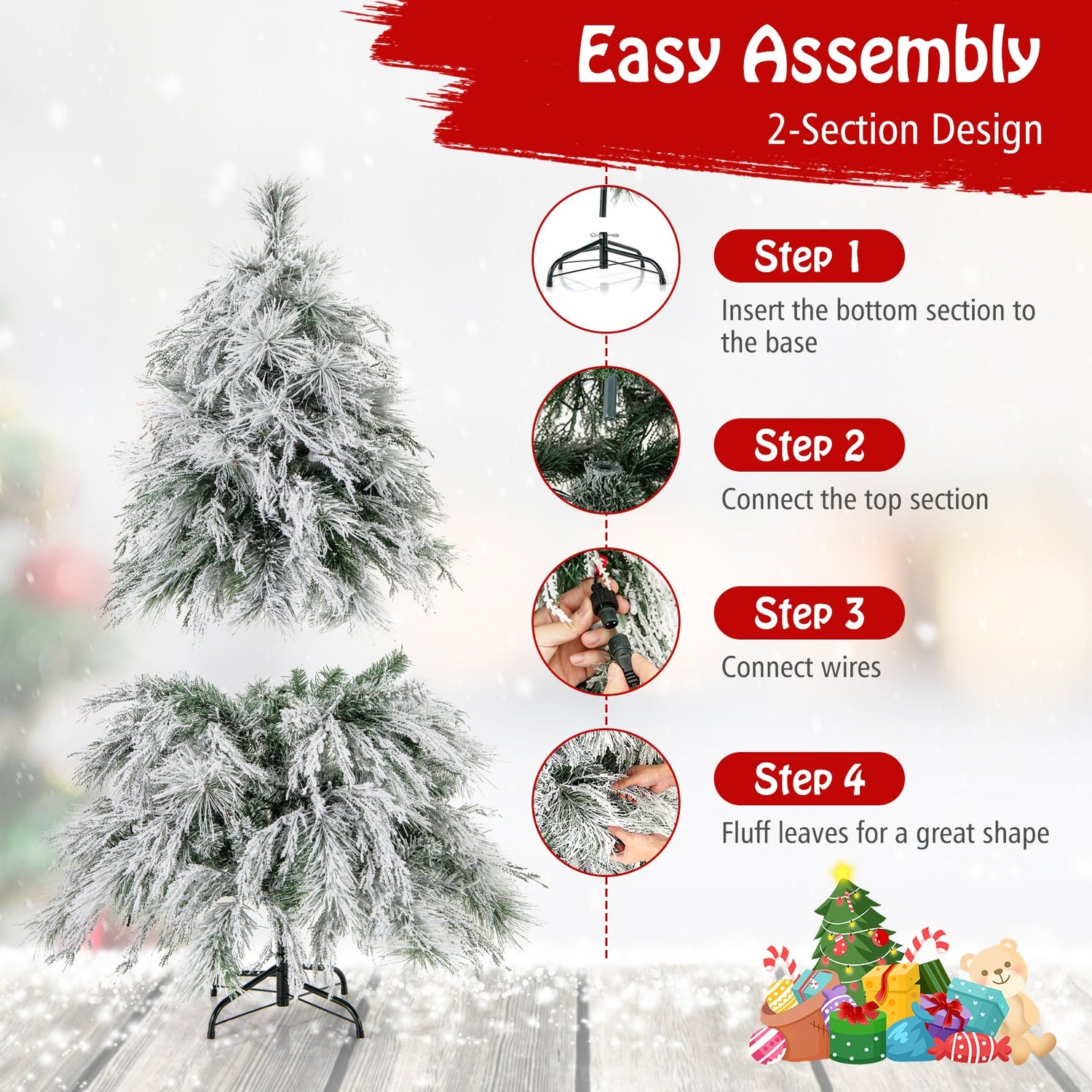 Árbol de Navidad preiluminado de 4.5/6/7 pies con nieve y luces LED cálidas
