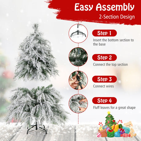 4.5/6/7 Feet Pre-Lit Snow Flocked Christmas Tree with Warm White LED Lights