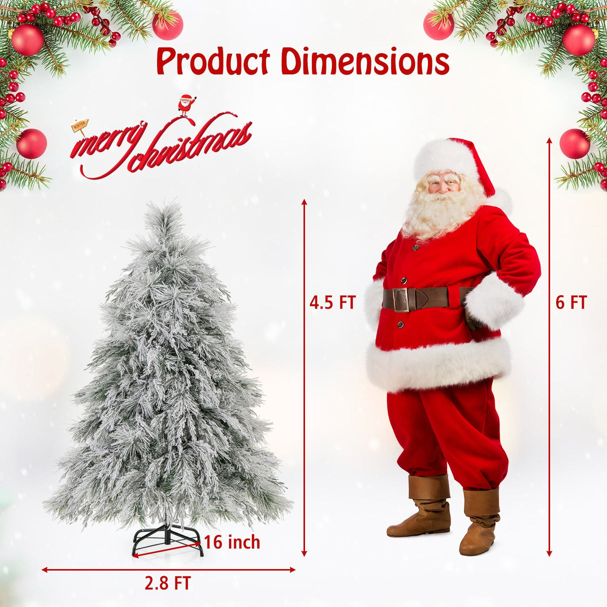 Árbol de Navidad preiluminado de 4.5/6/7 pies con nieve y luces LED cálidas