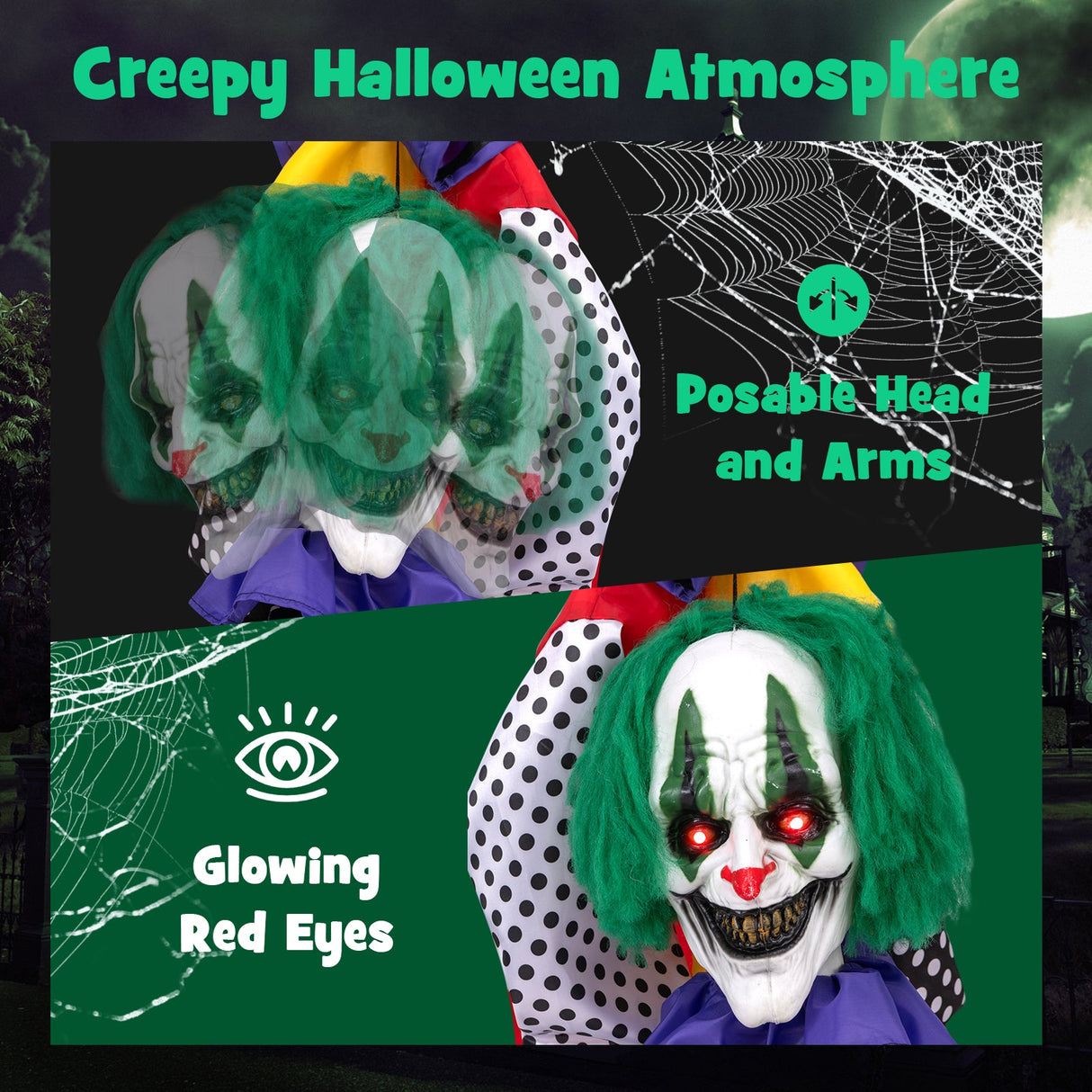 Payaso Animatrónico Sonriente de 4.5 pies con Frases Pregrabadas y Ojos LED