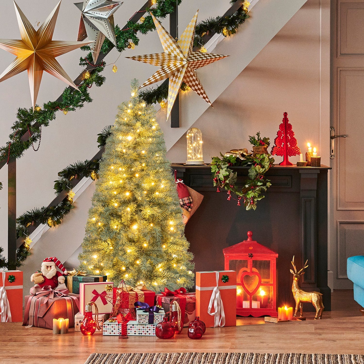 Árbol de Navidad artificial azul preiluminado delgado con 9 modos de iluminación