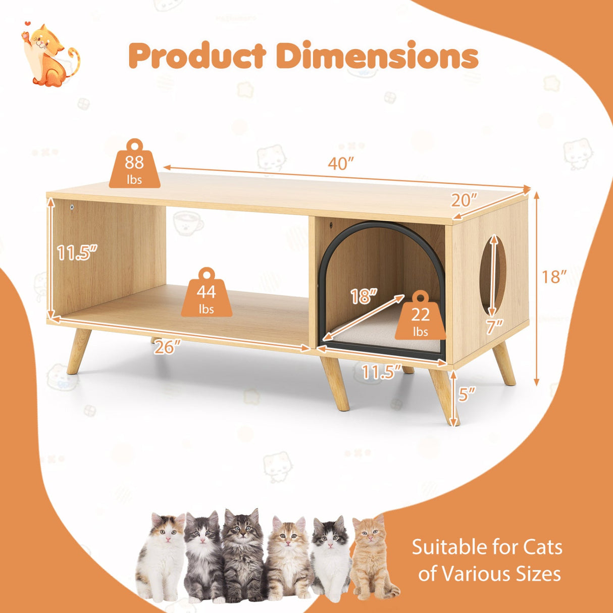 Mesa de centro con casa para gatos de 40 pulgadas, mueble de madera 2 en 1 para gatitos con estante de almacenamiento abierto - Natural