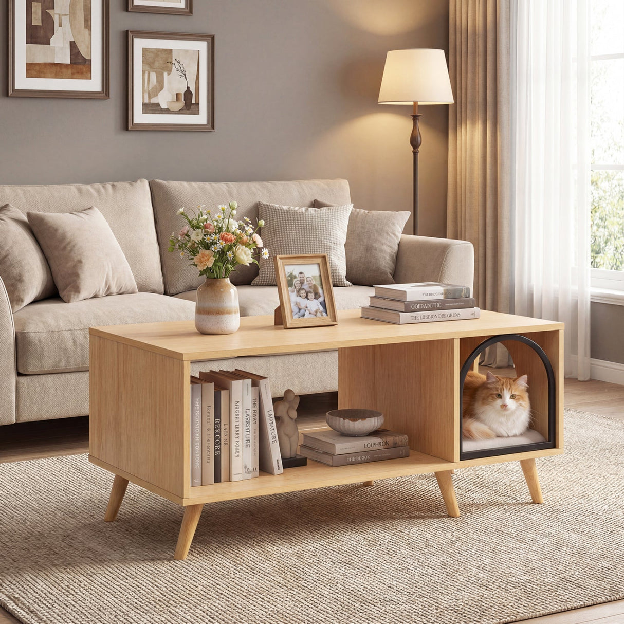 Mesa de centro con casa para gatos de 40 pulgadas, mueble de madera 2 en 1 para gatitos con estante de almacenamiento abierto - Natural