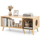 Mesa de centro con casa para gatos de 40 pulgadas, mueble de madera 2 en 1 para gatitos con estante de almacenamiento abierto - Natural