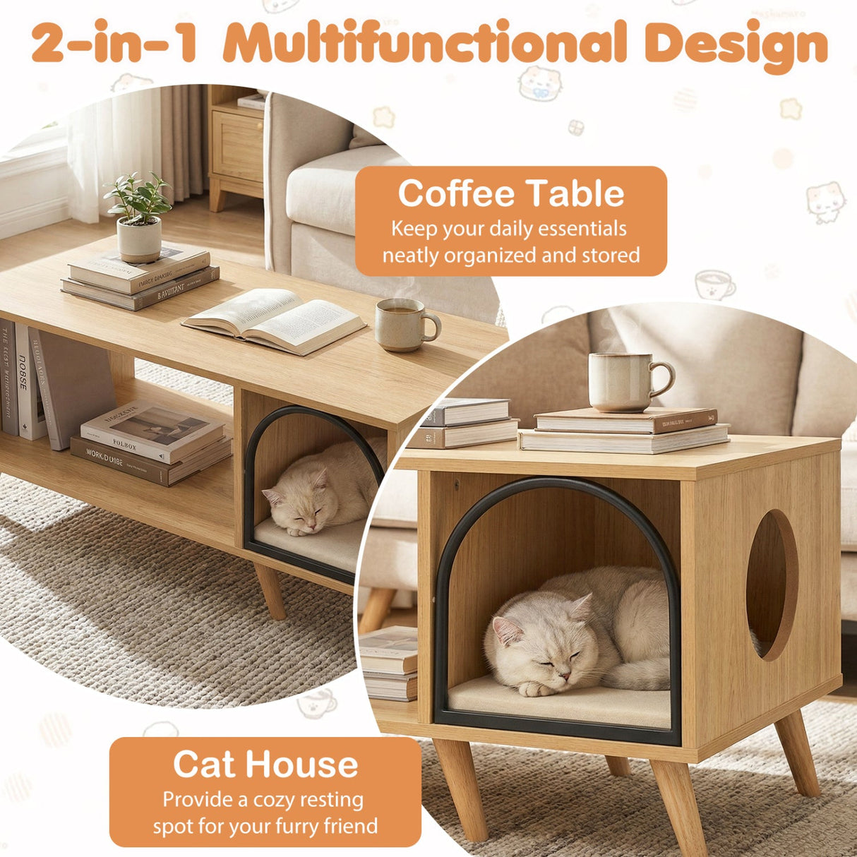 Mesa de centro con casa para gatos de 40 pulgadas, mueble de madera 2 en 1 para gatitos con estante de almacenamiento abierto - Natural