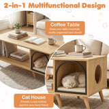 Mesa de centro con casa para gatos de 40 pulgadas, mueble de madera 2 en 1 para gatitos con estante de almacenamiento abierto - Natural