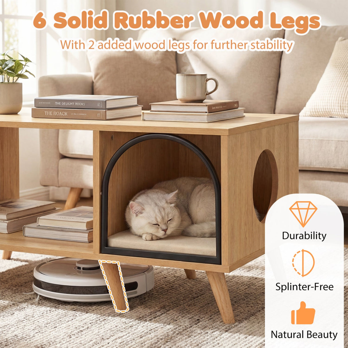 Mesa de centro con casa para gatos de 40 pulgadas, mueble de madera 2 en 1 para gatitos con estante de almacenamiento abierto - Natural
