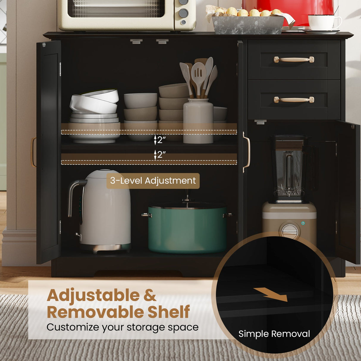 Aparador de cocina moderno de 40 pulgadas con 2 cajones y estante ajustable