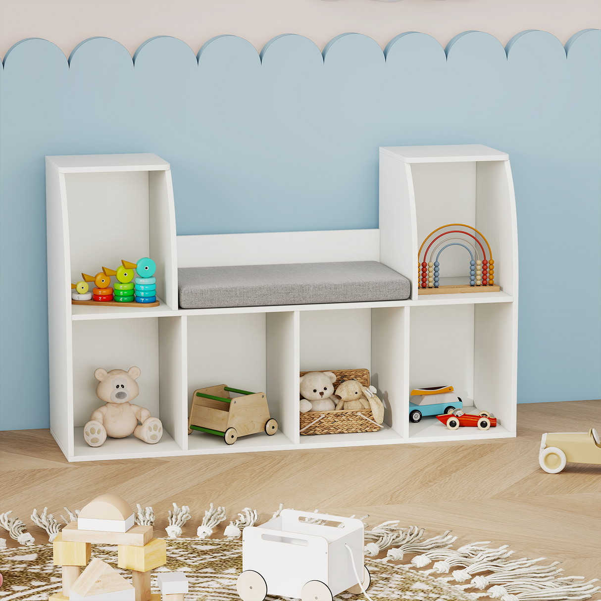 Estantería de 101,6 cm para niños con rincón de lectura, con 6 cubos abiertos, color blanco