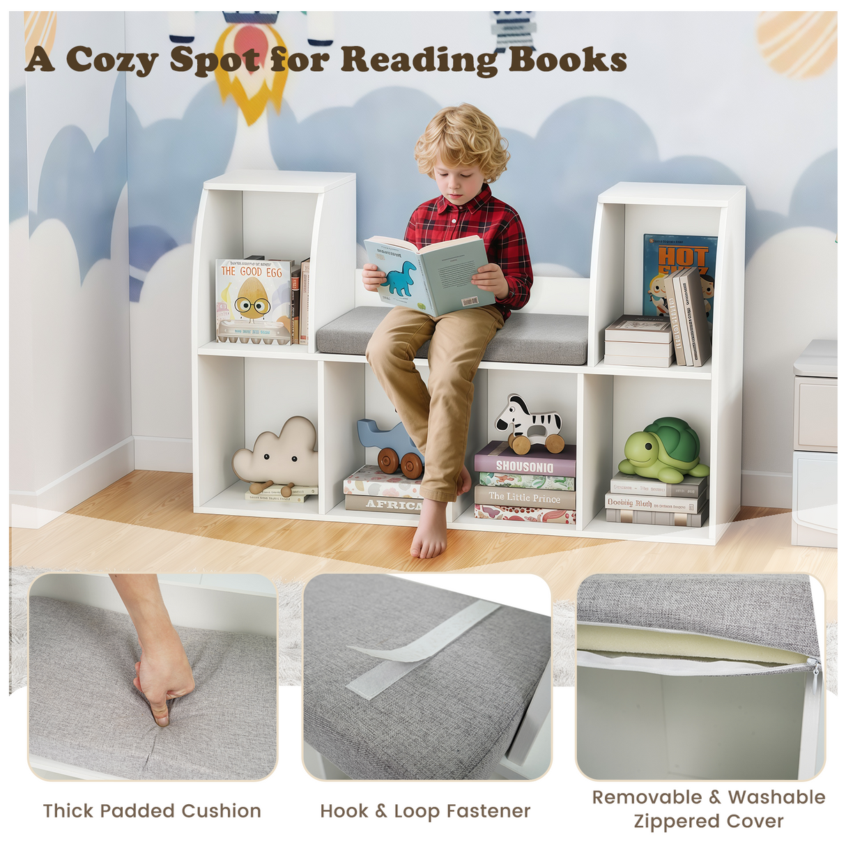 Estantería de 101,6 cm para niños con rincón de lectura, con 6 cubos abiertos, color blanco