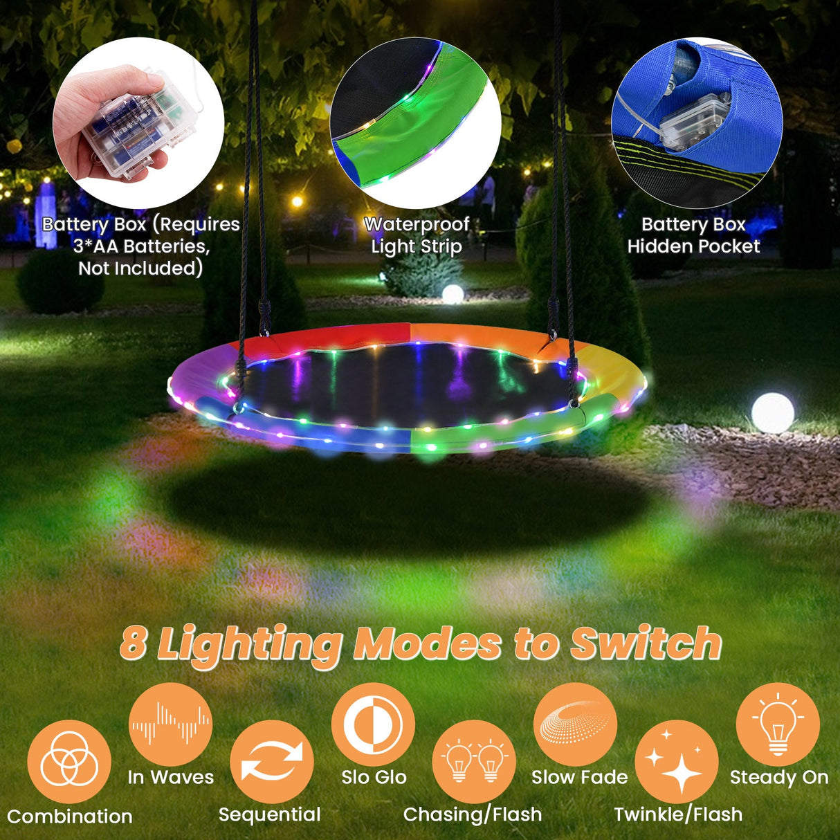 40 Inches Saucer Tree Swing Round with Lights for Kids and Adults