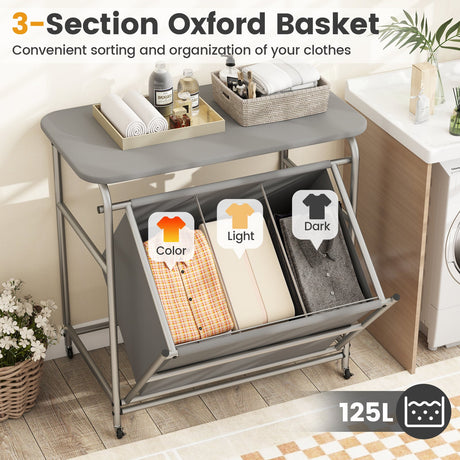 Clasificador de ropa de 3 secciones con tabla de planchar plegable y ruedas con bloqueo - Gris