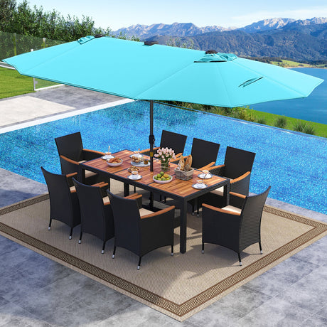 Juego de comedor para patio de 11 piezas con sombrilla de patio LED con base y cojines de asiento (beige)