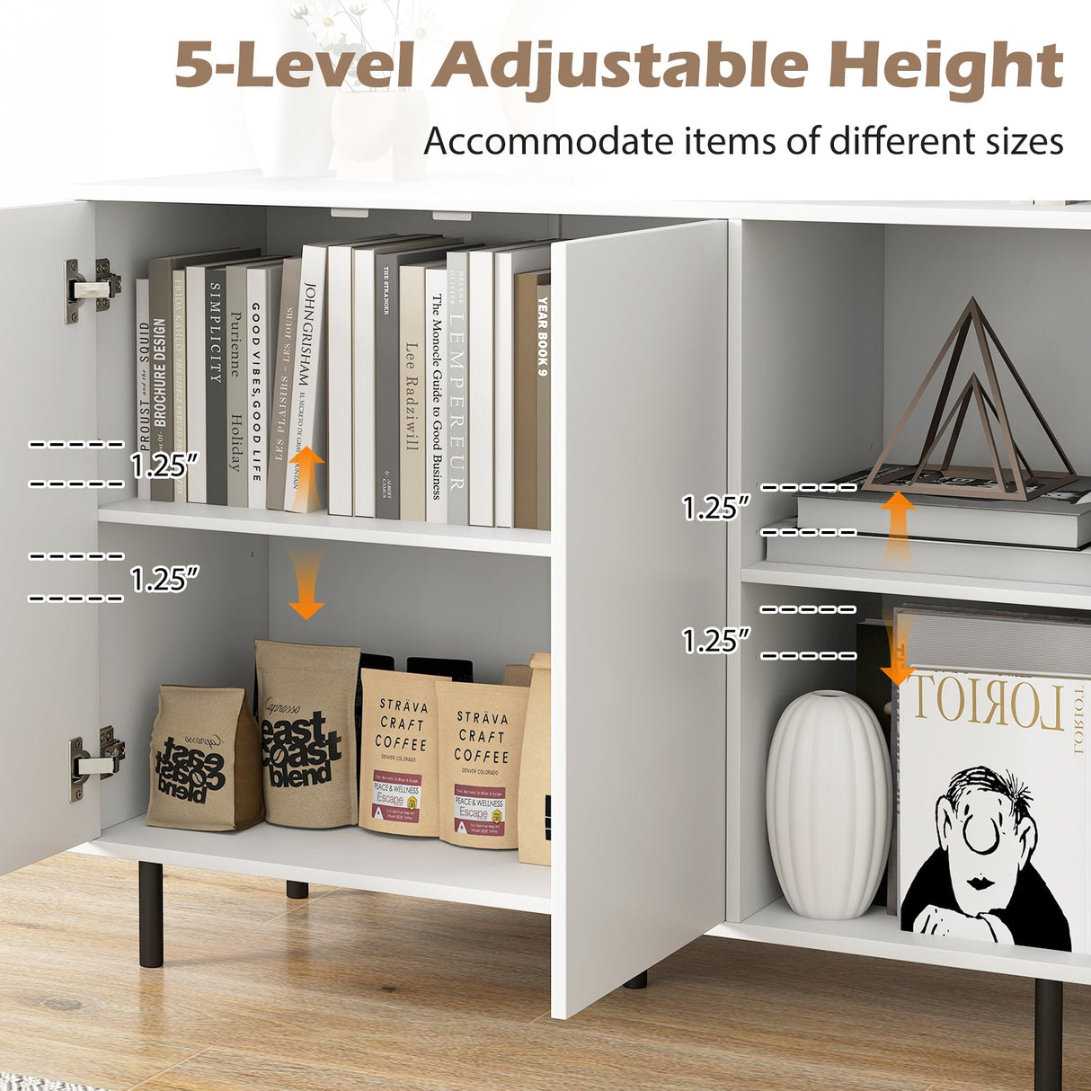 Aparador de cocina tipo bufé de 42 pulgadas con estantes ajustables - Blanco
