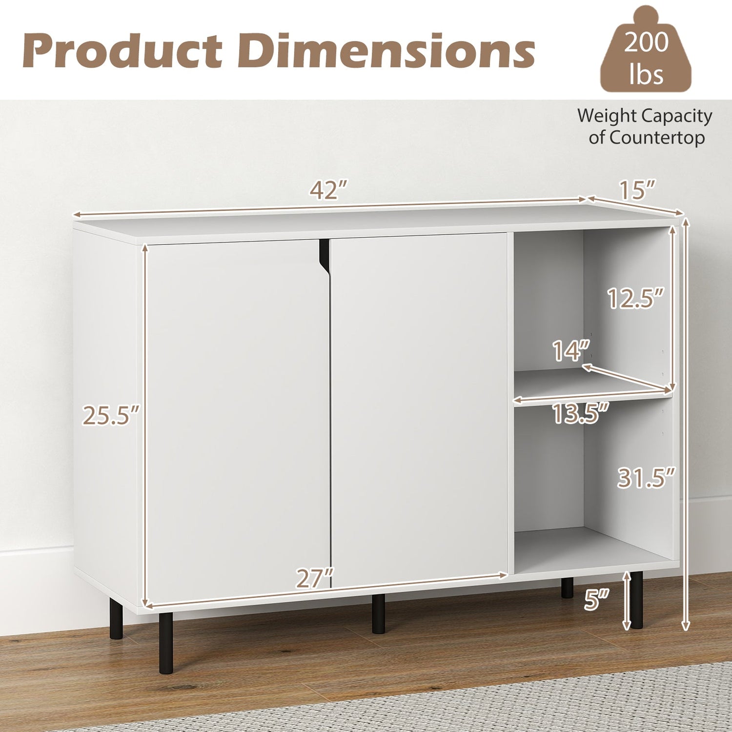 Aparador de cocina tipo bufé de 42 pulgadas con estantes ajustables - Blanco