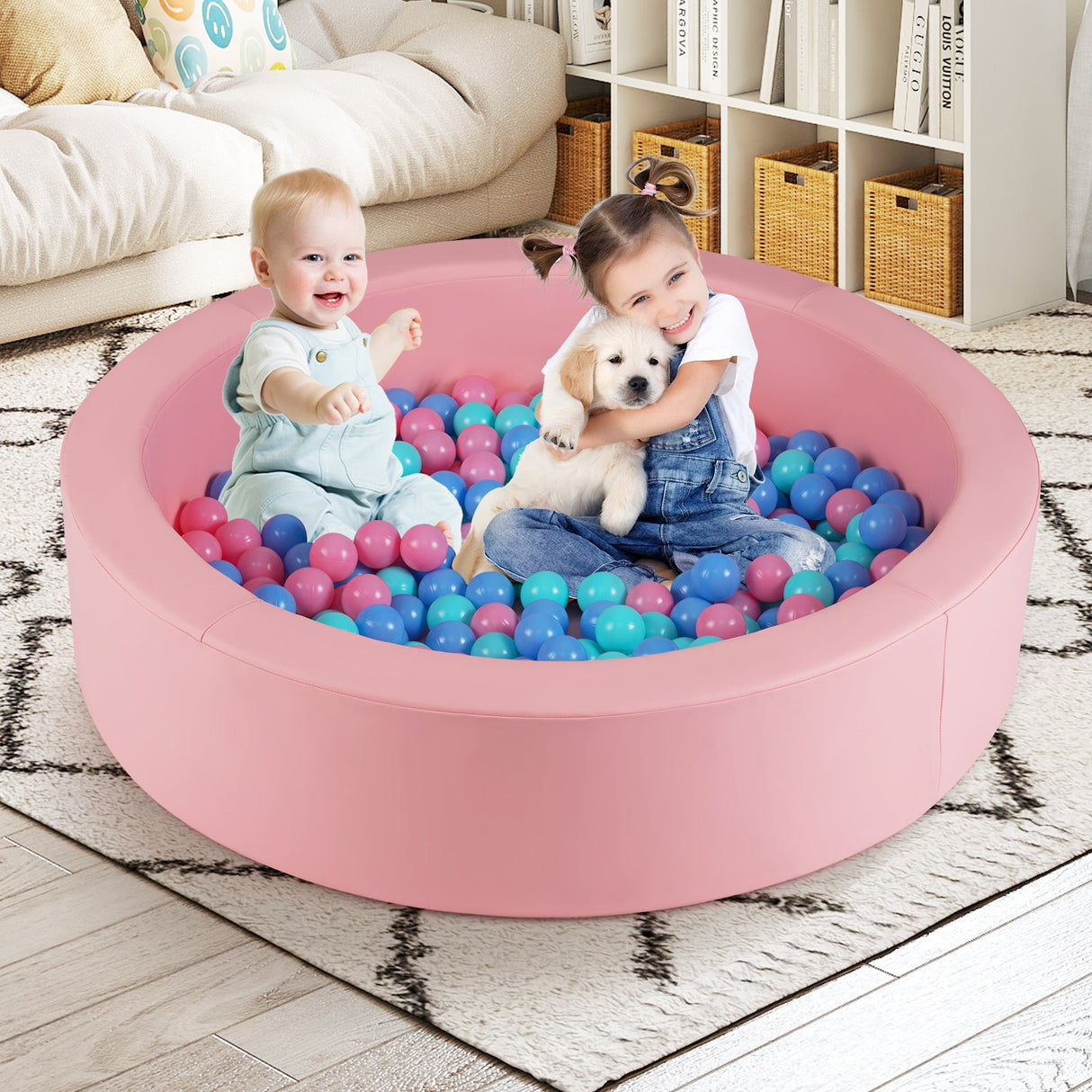 Foso de bolas redondo de espuma de 42.5 pulgadas con relleno de esponja 25D y cubierta de PU lavable para niños pequeños